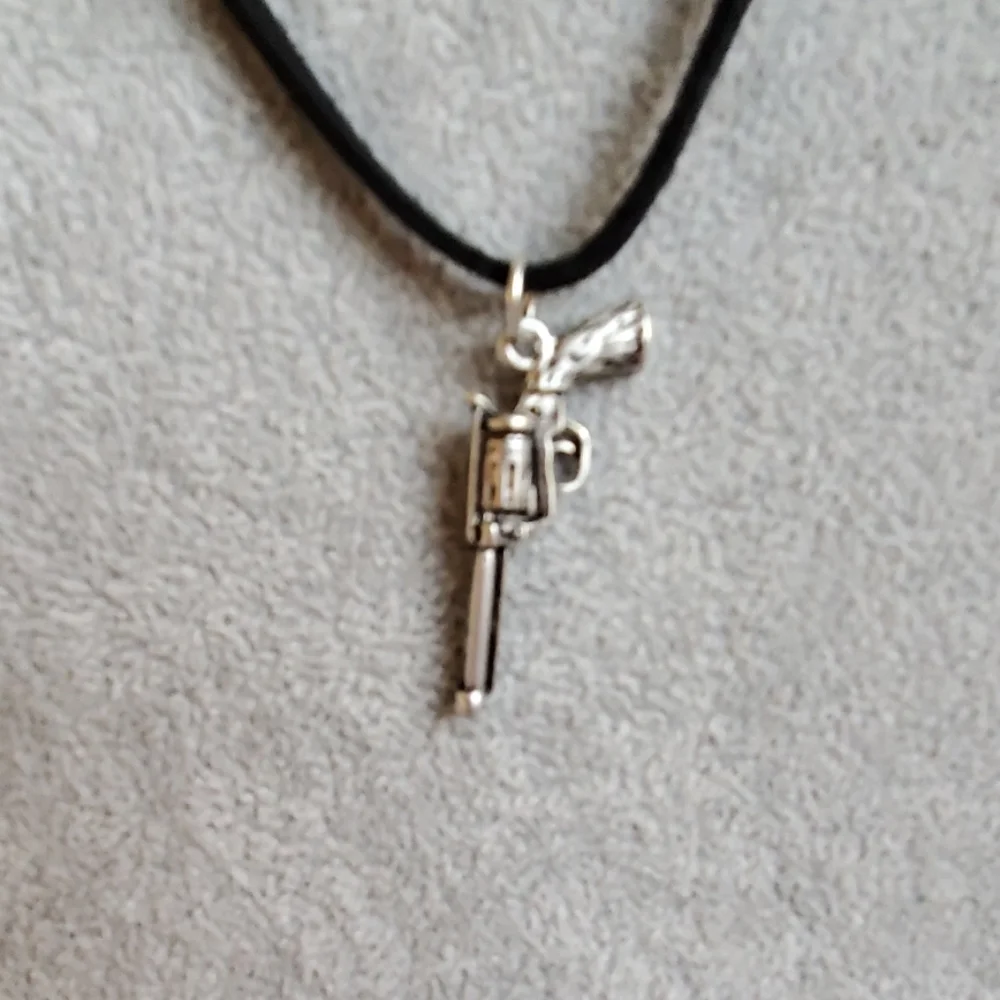 Mens silver revolver gun charm black suede necklace